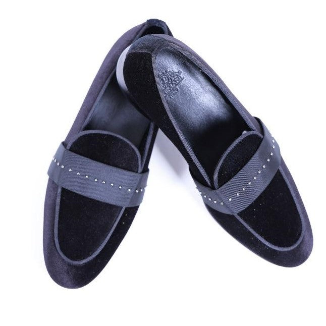 Primani Handmade Black Velvet Men Spiked Loafers